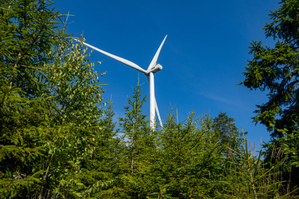Baksidan av vindkraftverk i skog längs Bergslagsleden