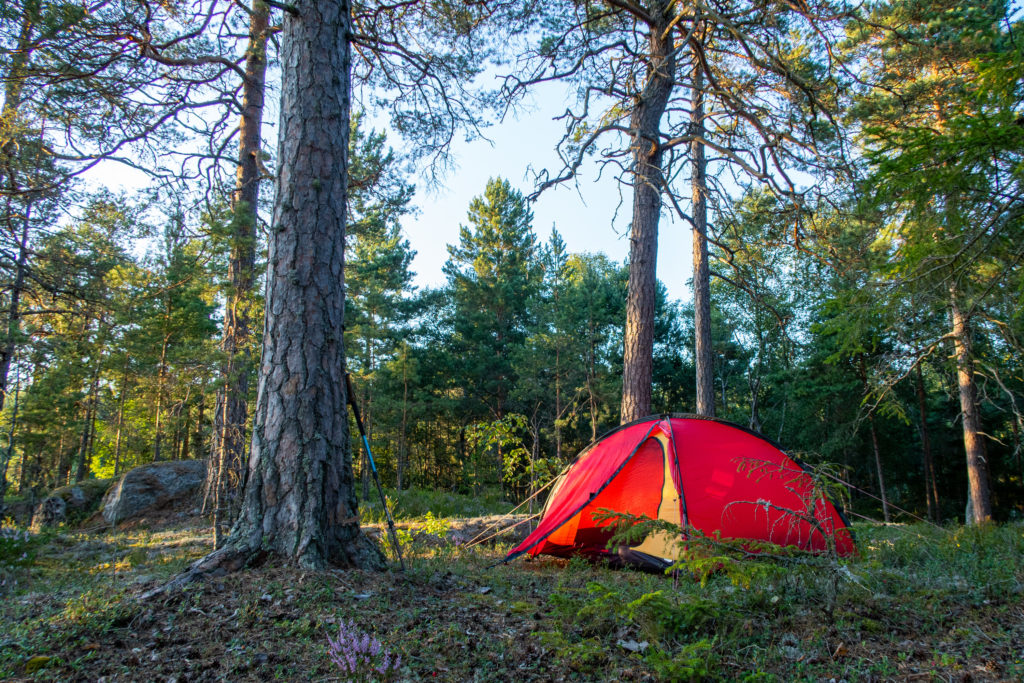 Rött Hilleberg Niak-tält i skogen