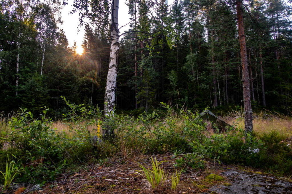 Soluppgång vid Mörktjärnen med tält längs Bergslagsleden