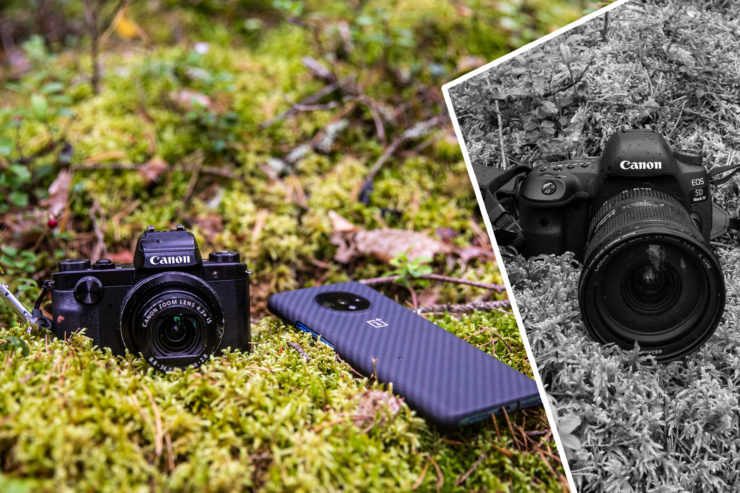Kompaktkamera, mobil och systemkamera i skogen