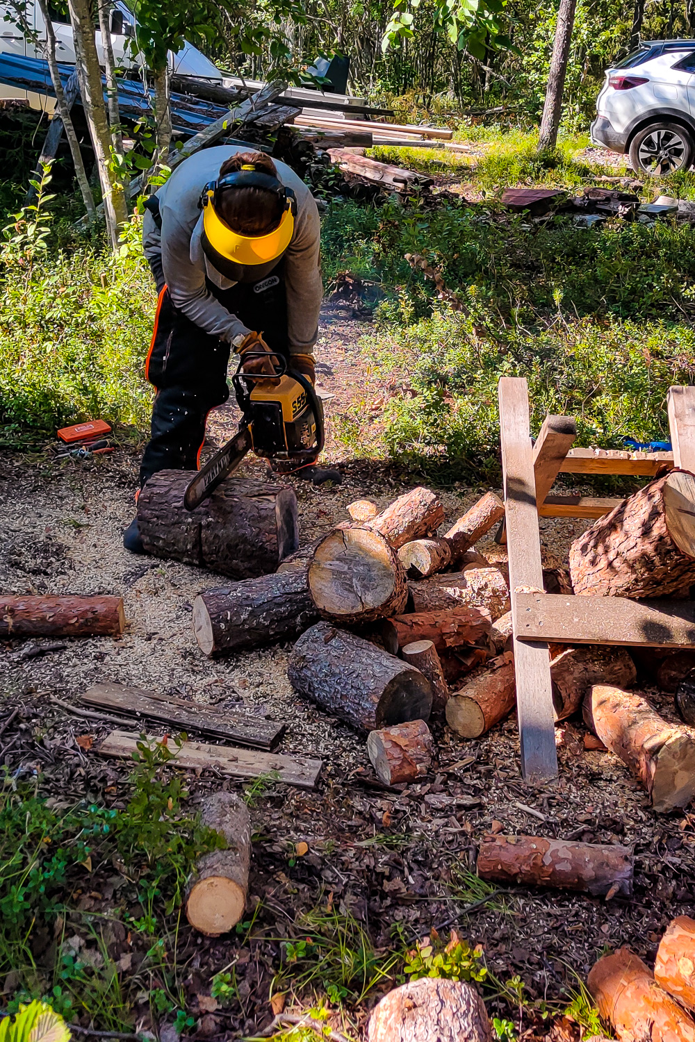 Kvinna kapar träd till vedstockar