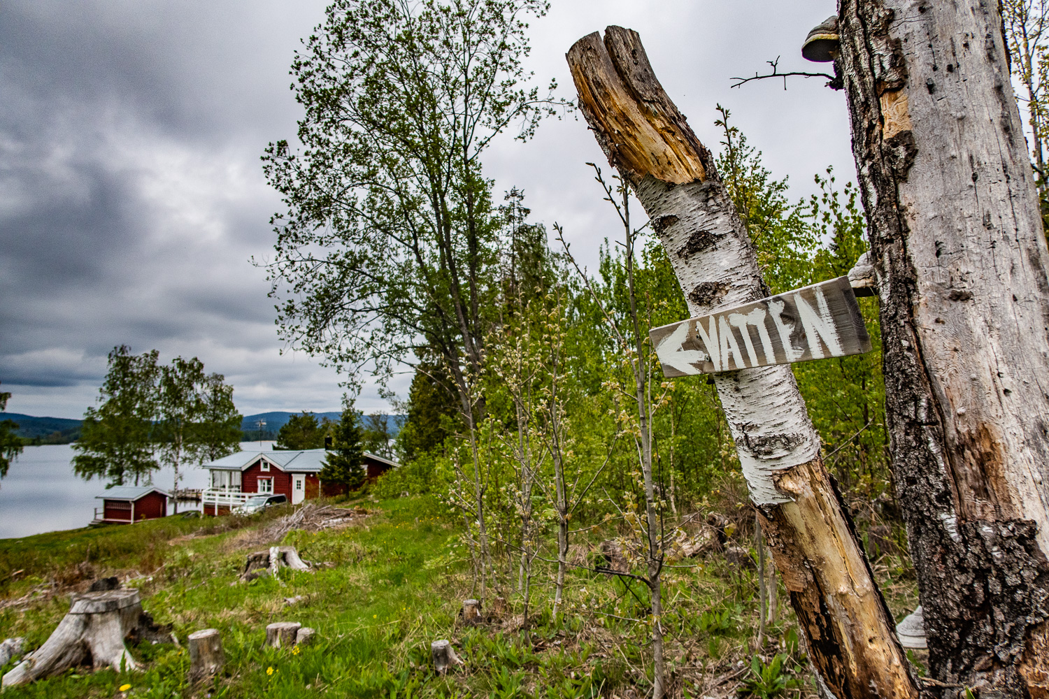 Hemmamålad skylt pekar emot vatten