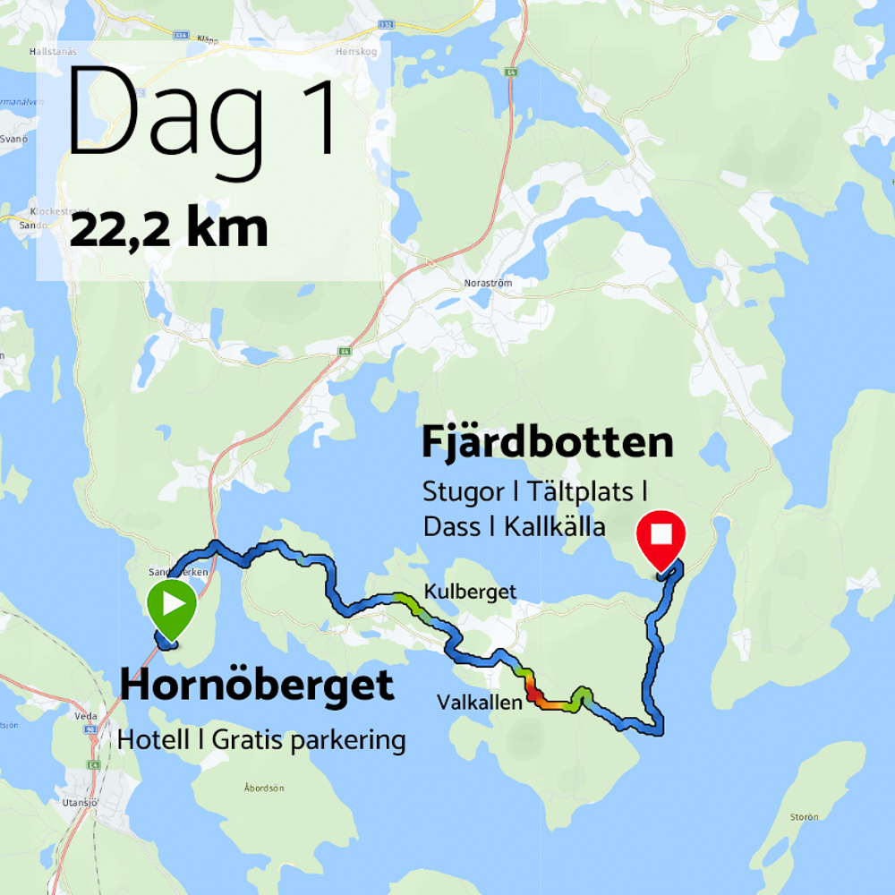 Karta visar vandring längs Högs kusten-leden, från Hornöberget till Fjärdbotten
