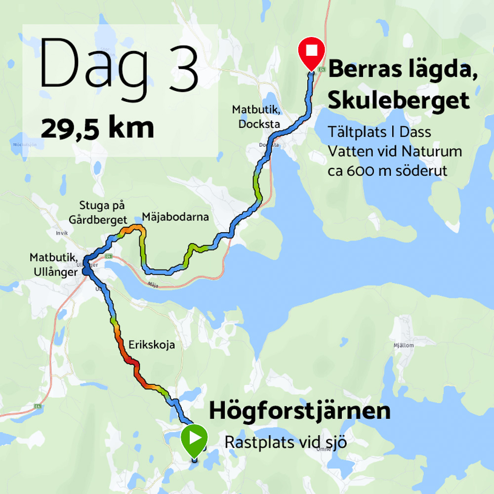 Karta visar vandring längs Högs kusten-leden, från Högforstjärnen till Berras lägda