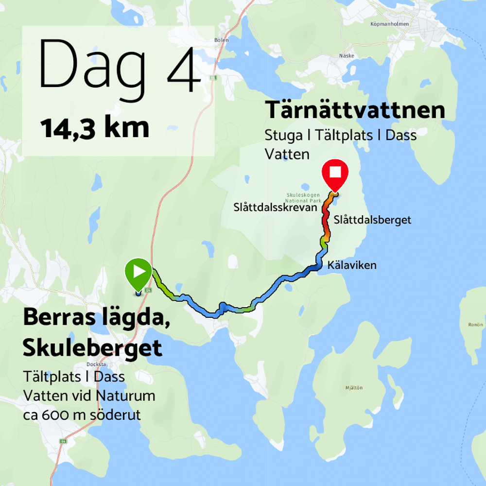 Karta visar vandring längs Högs kusten-leden, från Berras lägda till Tärnättvattnen