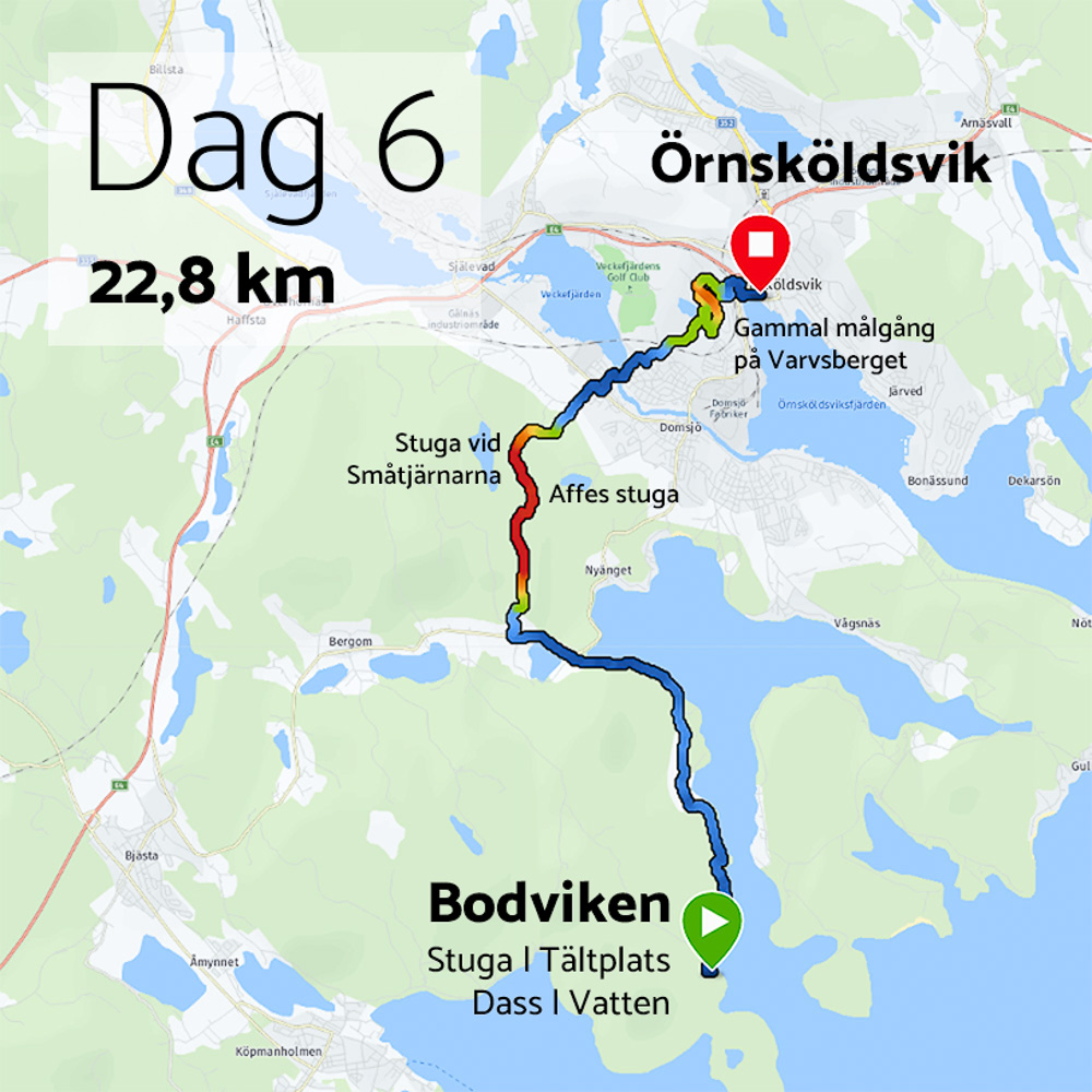 Karta visar vandring längs Högs kusten-leden, från Bodviken till Örnsköldsvik