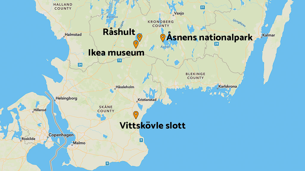 Karta över besökta platser i Småland och Skåne