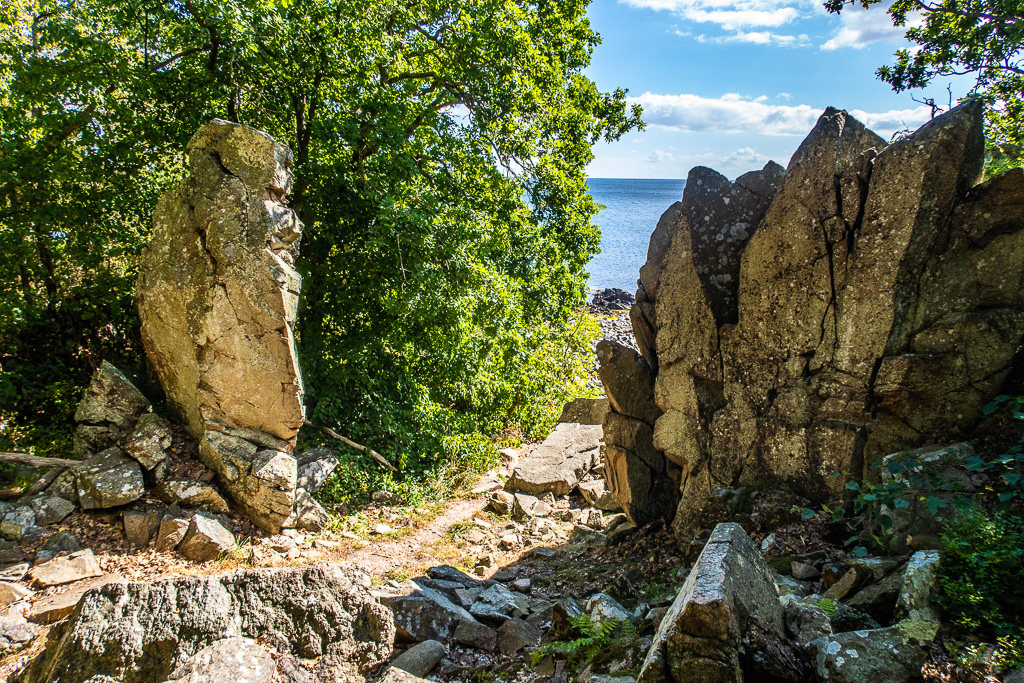 Hav möter stenig strand och skog i Stenshuvud nationalpark