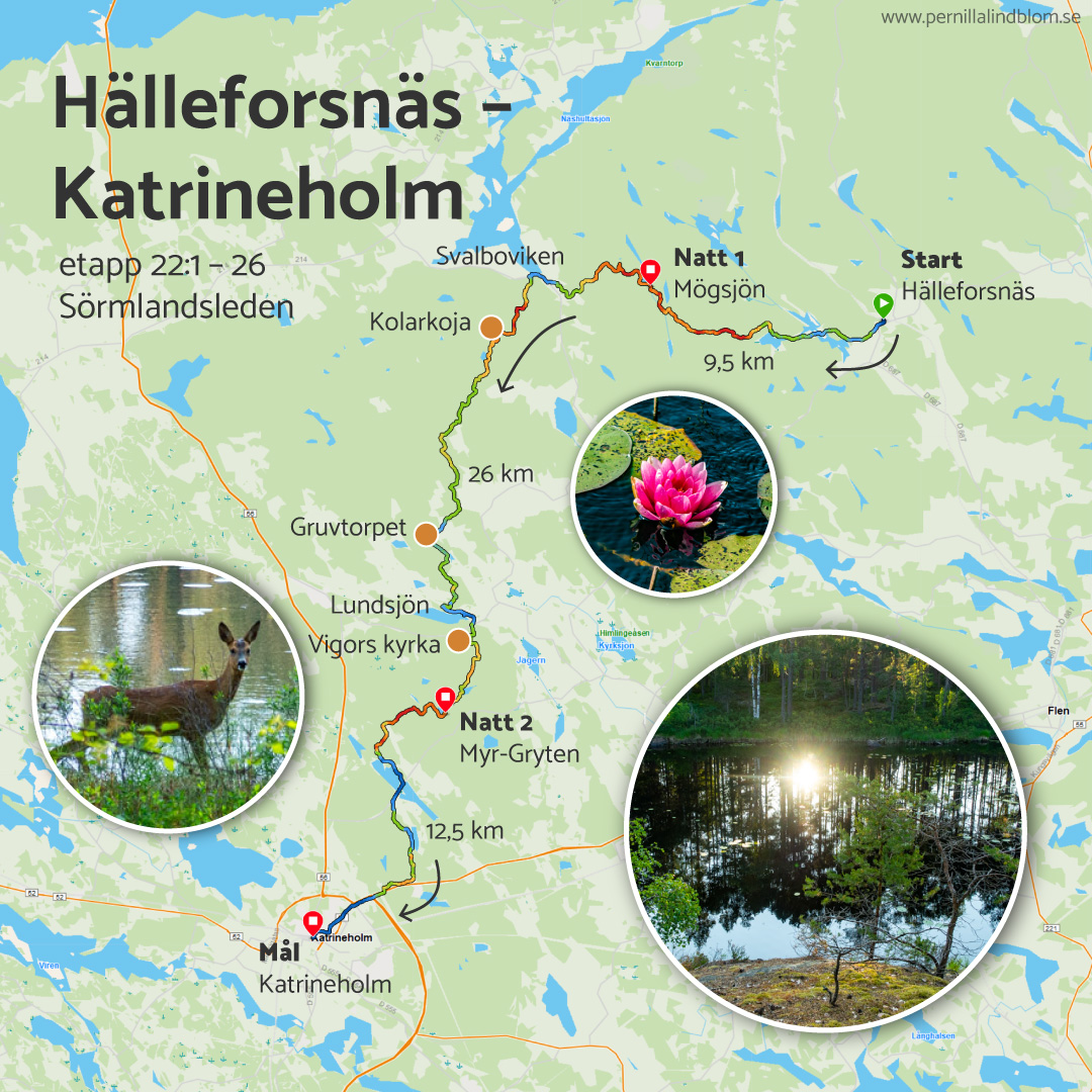 Karta visar midsommarvandring från Hälleforsnäs till Katrineholm